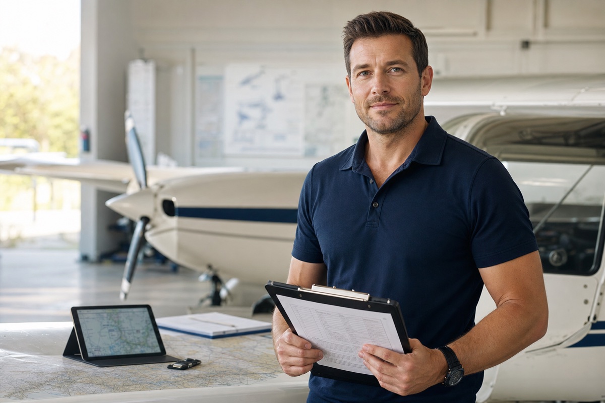 Chris, Head of Training, with a flight plan in the hangar