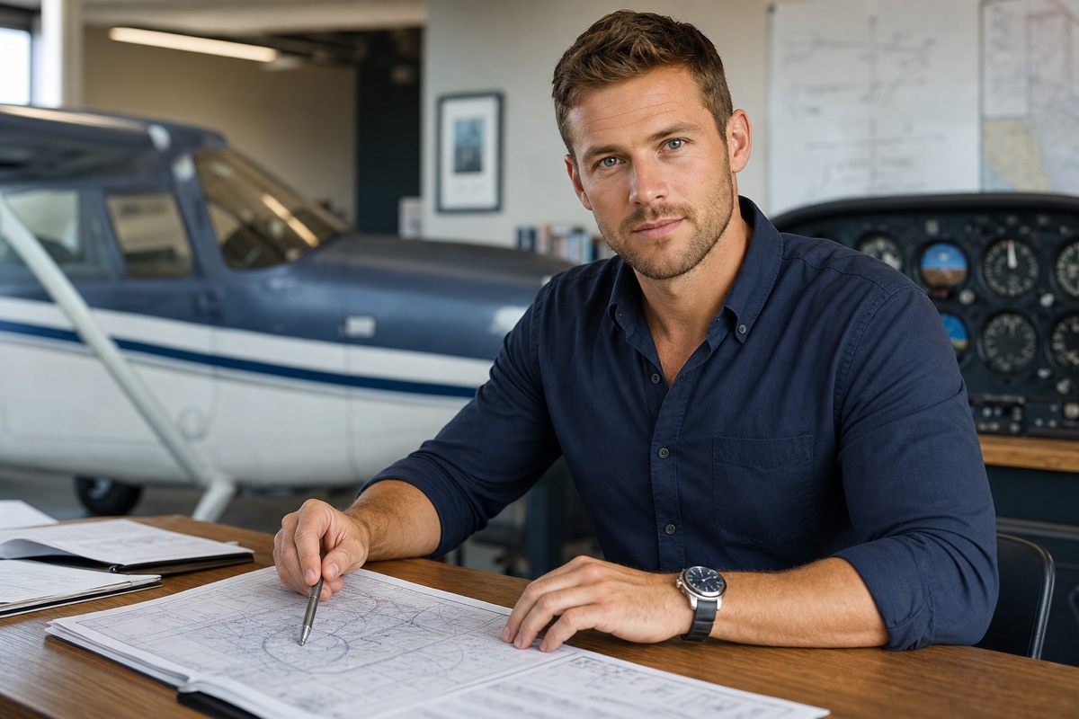 Ryan, Flight Instructor, planning a route at the briefing table