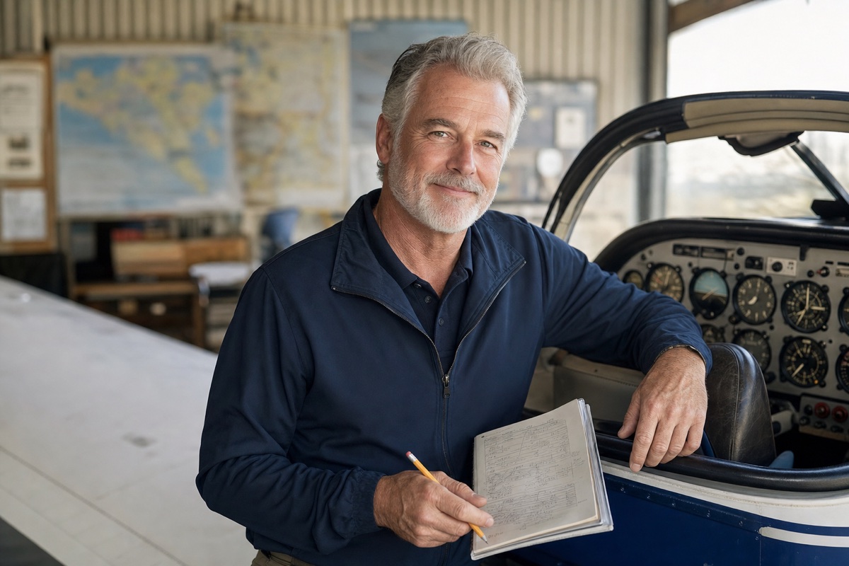 Henry, Flight Instructor, with a logbook beside the cockpit