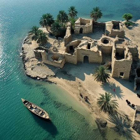 Failaka Island from the air, showing stone ruins, palms and shallow turquoise water